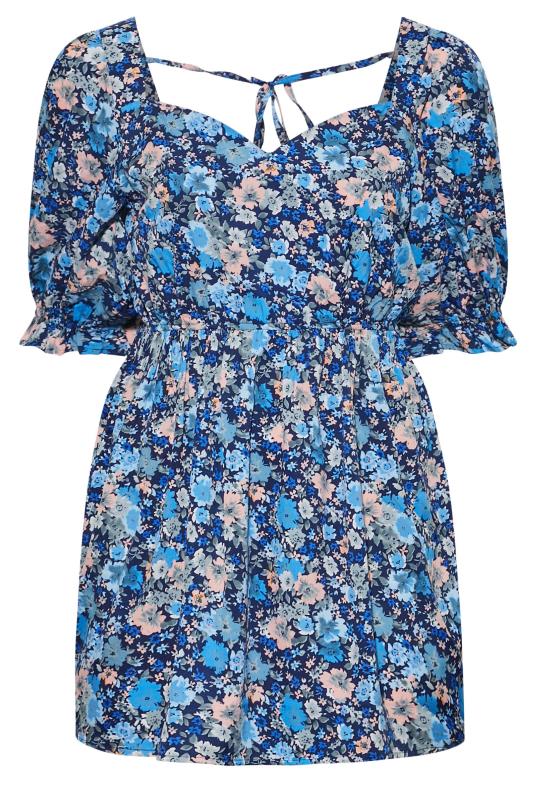 Curve Blue Floral Print Sweetheart Puff Sleeve Top 6