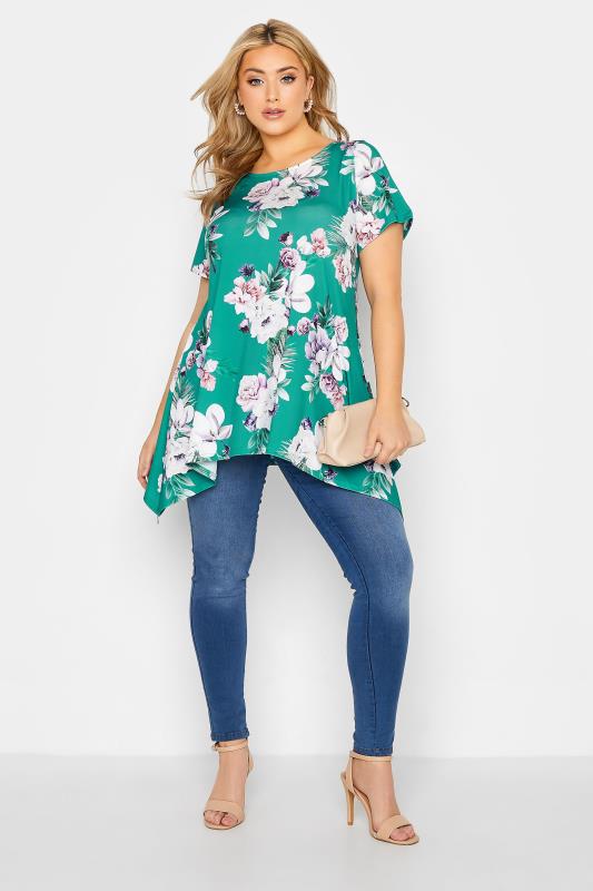 YOURS LONDON Curve Green Floral Hanky Hem Top 2