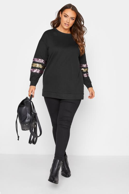 Plus Size Curve Black Sequin Sleeve Sweatshirt | Yours Clothing  2