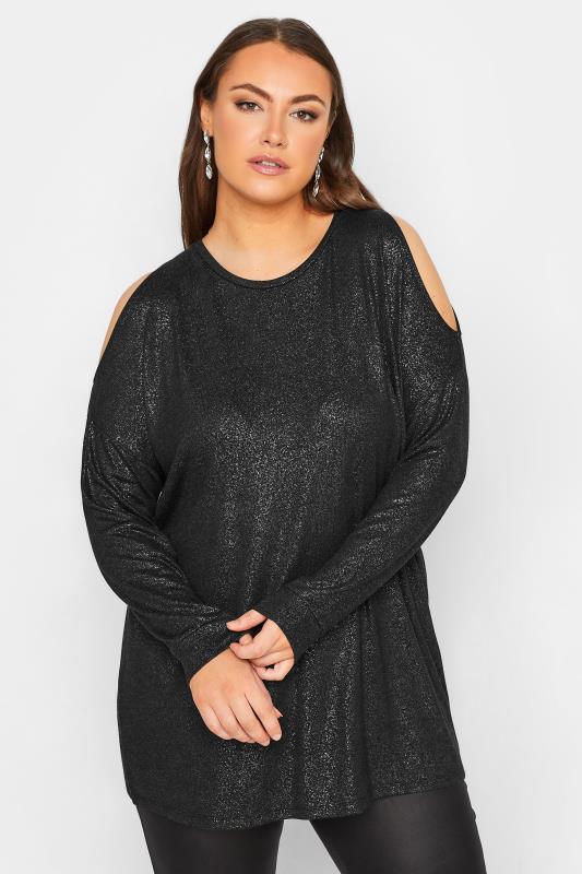 Curve Plus Size Black Glitter Long Sleeve Cold Shoulder Top | Yours Clothing 2