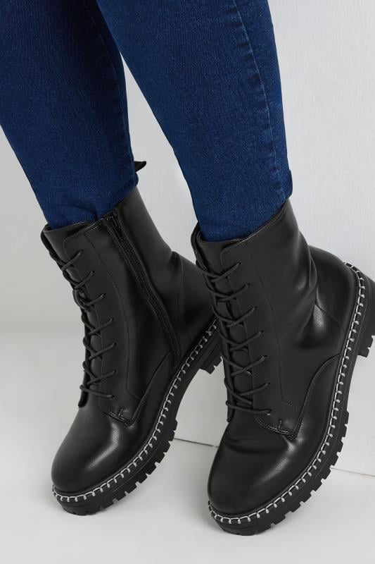 Black Faux Leather Contrast Stitch Boots In Wide E Fit | Yours Clothing  1