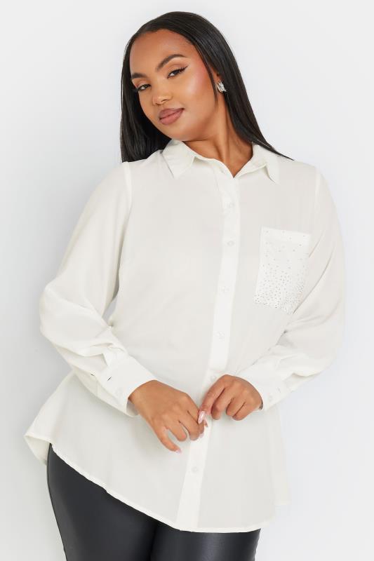 YOURS Plus Size White Diamante Pocket Shirt | Yours Clothing  2