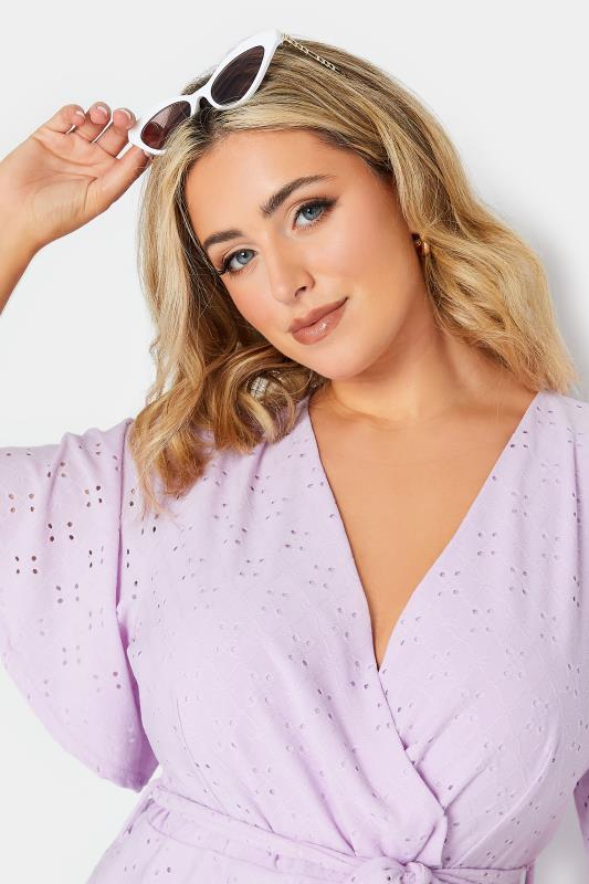 YOURS Curve Plus Size Lilac Purple V-Neck Broderie Anglaise Wrap Top | Yours Clothing  4