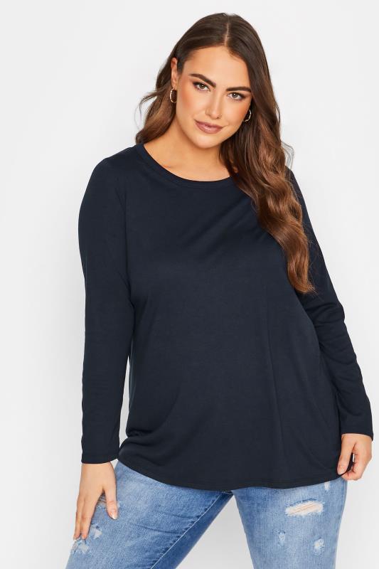Plus Size Navy Blue Long Sleeve T-Shirt - Petite | Yours Clothing 1