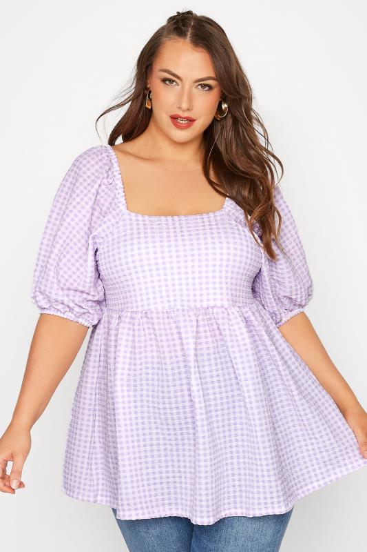 LIMITED COLLECTION Curve Lilac Purple Gingham Milkmaid Top 1