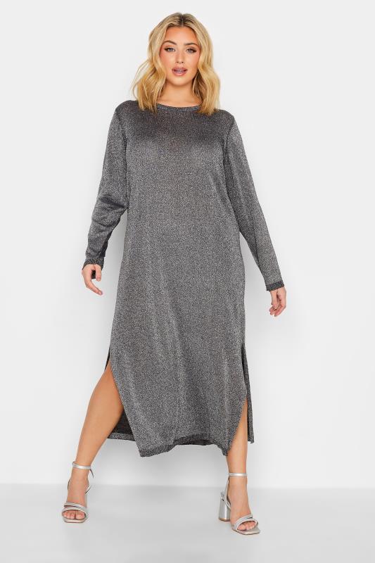 Plus Size Silver Glitter Midaxi Dress | Yours Clothing  1