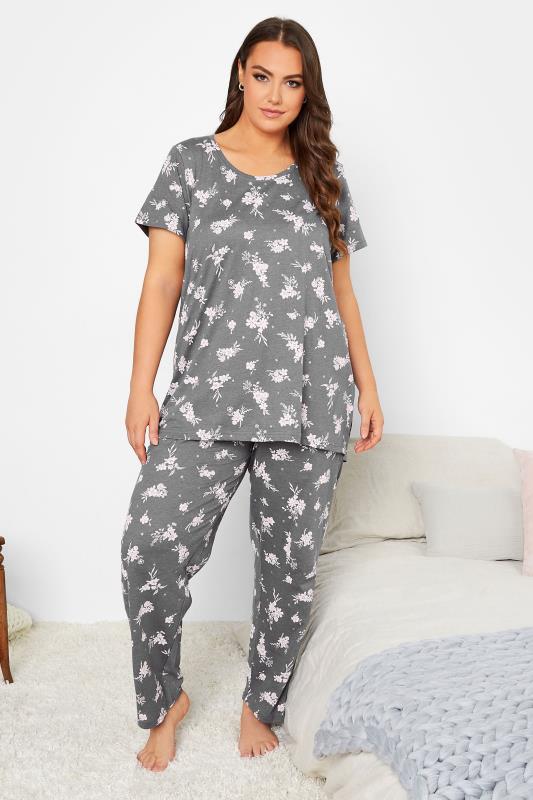 Plus Size Grey Floral Print Dipped Hem Pyjama Top | Yours Clothing 2