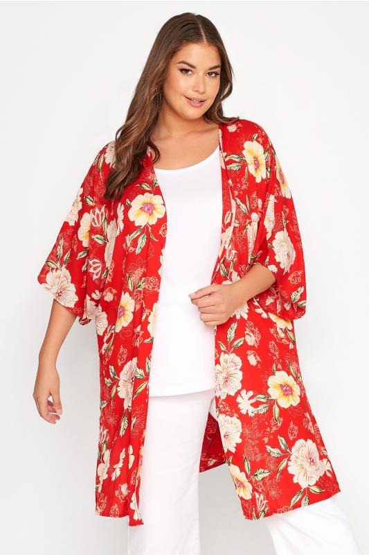 Plus Size  Curve Red Floral Print Longline Kimono Cardigan