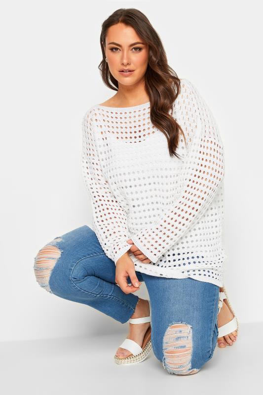 Plus Size  YOURS Curve White Crochet Tunic Jumper