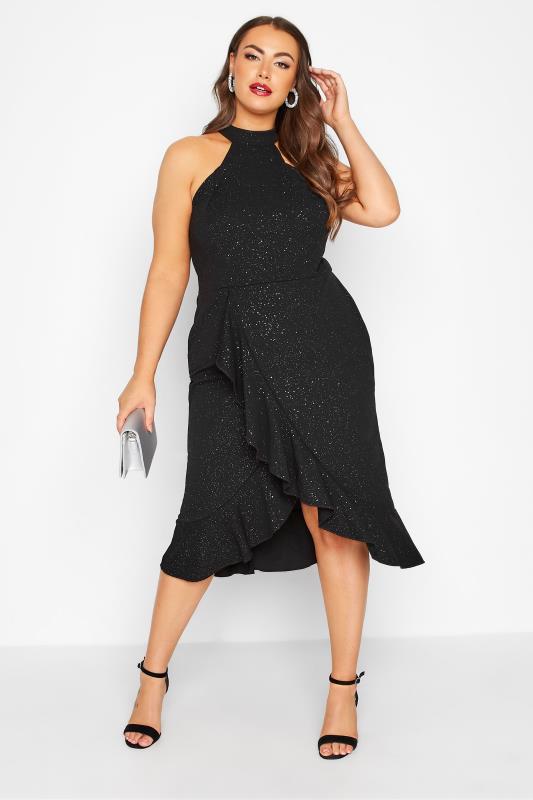 YOURS LONDON Plus Size Black Glitter Halter Neck Ruffle Wrap Dress | Yours Clothing 1