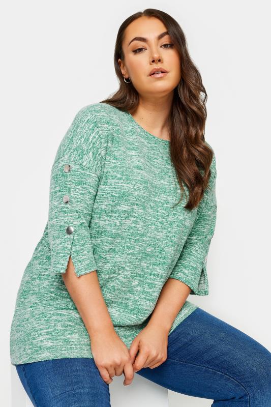 YOURS LUXURY Plus Size Green Button Sleeve Soft Touch Jumper | Yours Clothing 1