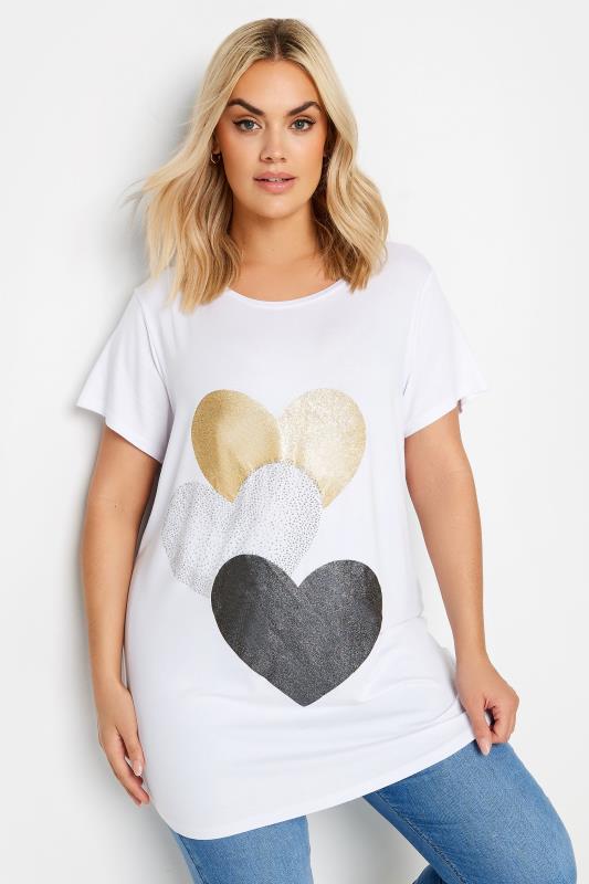 YOURS Curve Plus Size White Glitter Heart Print T-Shirt | Yours Clothing  1