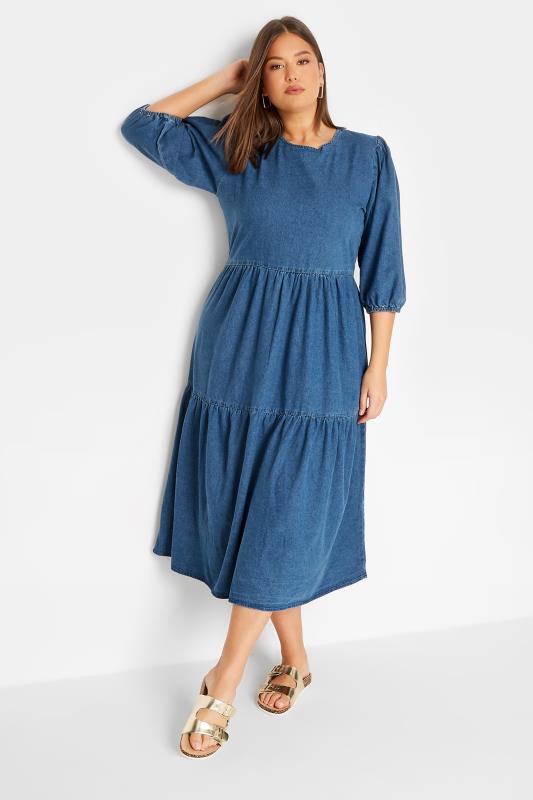  LTS Tall Blue Denim Tiered Midi Dress