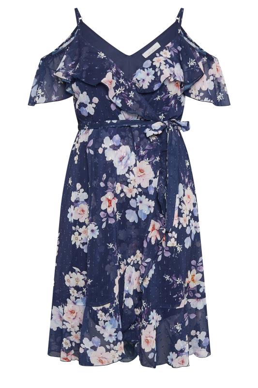 YOURS LONDON Plus Size Blue Floral Cold Shoulder Wrap Dress | Yours Clothing  6