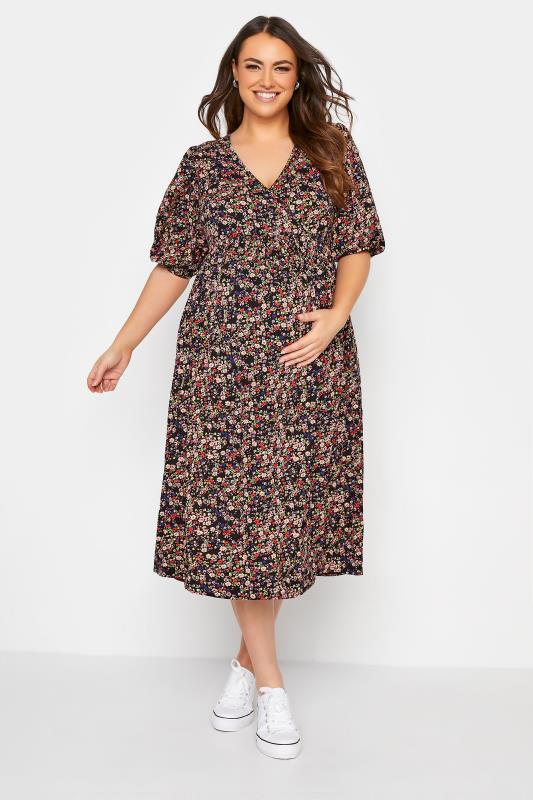 BUMP IT UP MATERNITY Plus Size Black Ditsy Wrap Dress | Yours Clothing 2