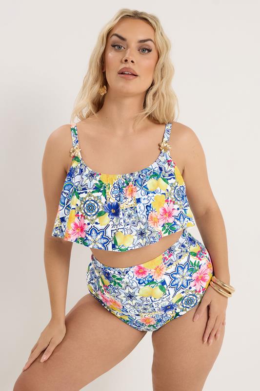 YOURS Plus Size Blue Mediterranean Tile Frill Bikini Top | Yours Clothing 1