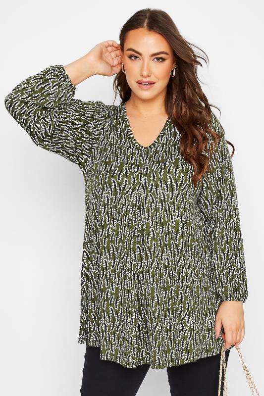 Plus Size  Curve Green Floral Print Pleated Top