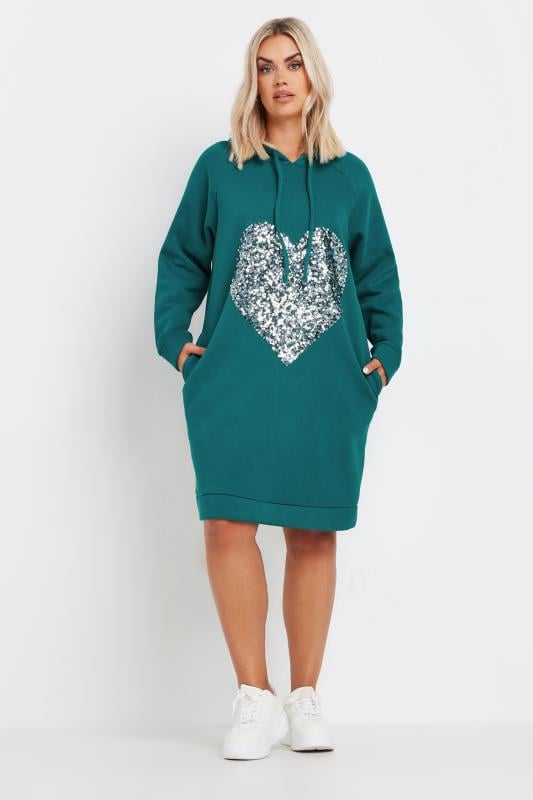 YOURS Plus Size Teal Blue Sequin Embellished Heart Hoodie Dress | Yours Clothing  4