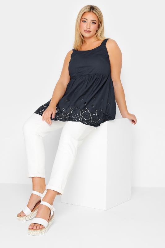 YOURS Curve Navy Blue Broderie Anglaise Vest Top | Yours Clothing 2