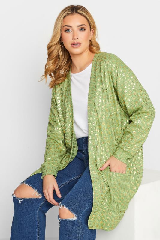 Plus Size  YOURS Curve Green Foil Animal Print Cardigan