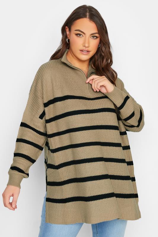 Curve Beige Brown Stripe Quarter Zip Knitted Jumper | Yours Clothing  1