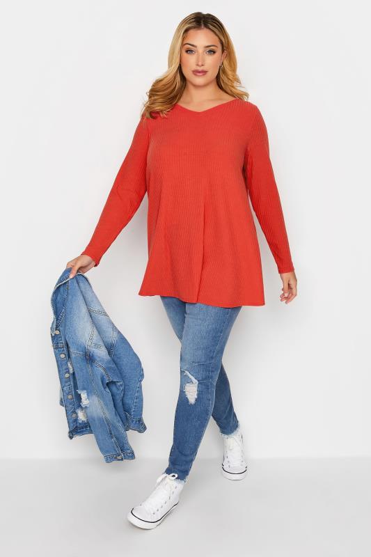 Plus Size Bright Red Long Sleeve Ribbed Swing Top | Yours Clothing 2