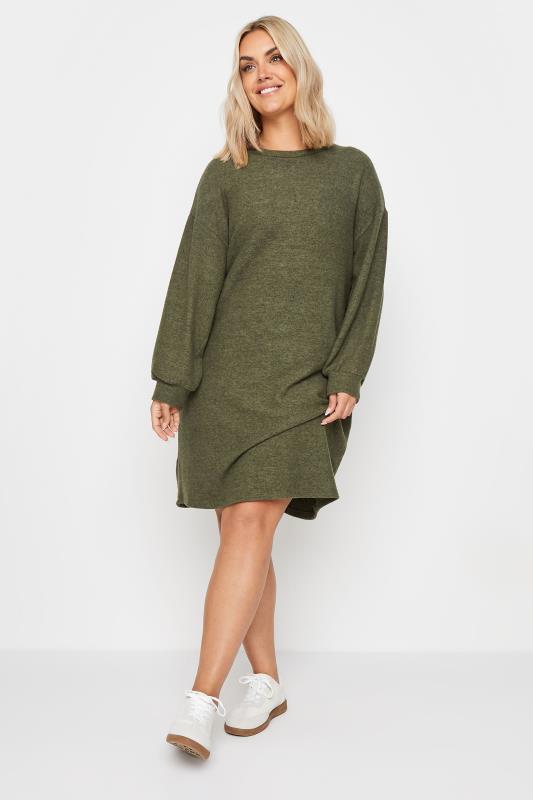 YOURS Plus Size Khaki Green Soft Touch Jumper Dress | Yours Clothing 2