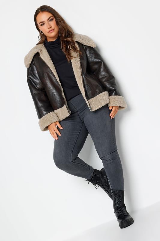 YOURS Plus Size Brown Aviator Jacket | Yours Clothing 5