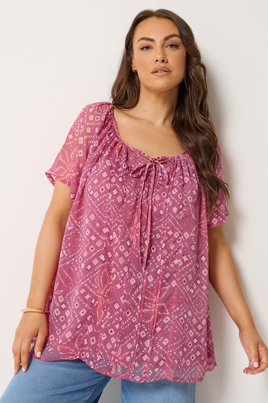 YOURS roze blouse met bloemenprint, korte mouwen en fijne plooien
