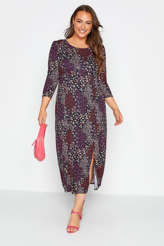 Plus Size YOURS LONDON Navy Blue Ditsy Floral Split Dress | Yours Clothing 1