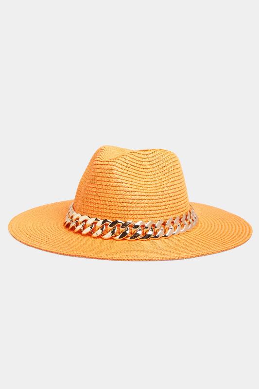 Bright Orange Straw Chain Fedora Hat 1