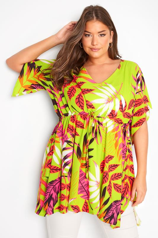 Plus Size Lime Green Tropical Print Tie Waist Top | Yours Clothing 1