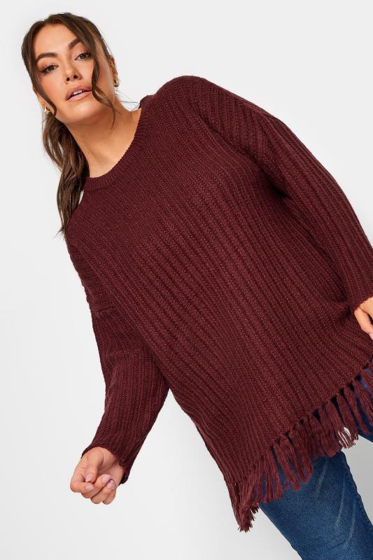  YOURS Curve Berry Red Fringe Detail Knitted Jumper