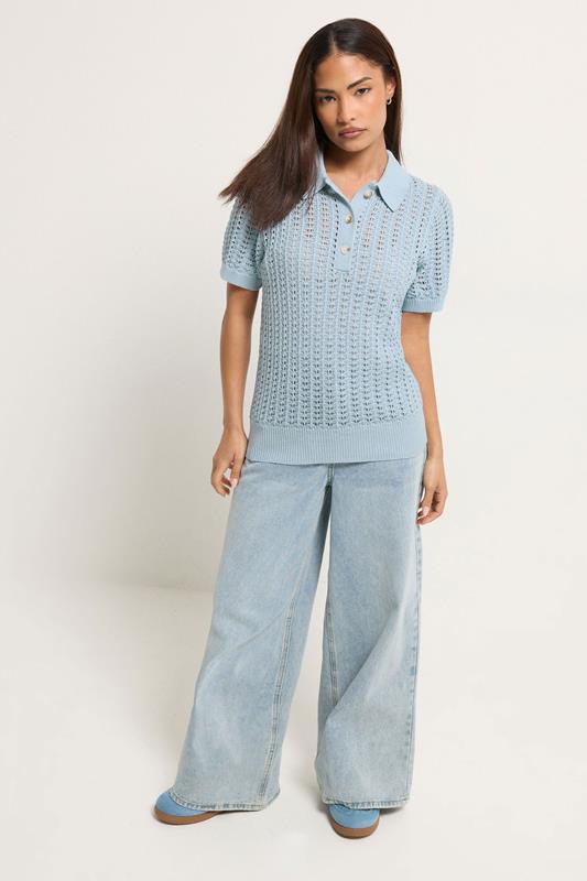 PixieGirl Petite Women's Light Blue Crochet Polo Top | PixieGirl 2