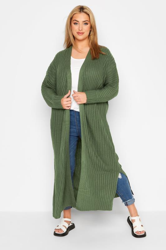 Plus Size Curve Khaki Green Ribbed Knitted Maxi Cardigan | Yours Clothing 1