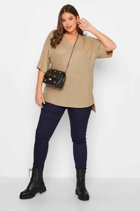 Plus Size Beige Brown Textured V-Neck Top | Yours Clothing 2