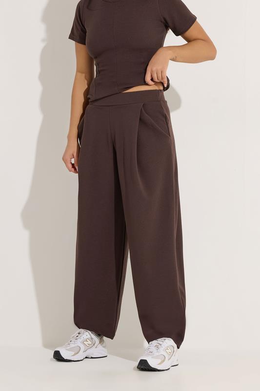 PixieGirl Petite Women's Chocolate Brown Jersey Pleated Barrel Trousers | PixieGirl 1