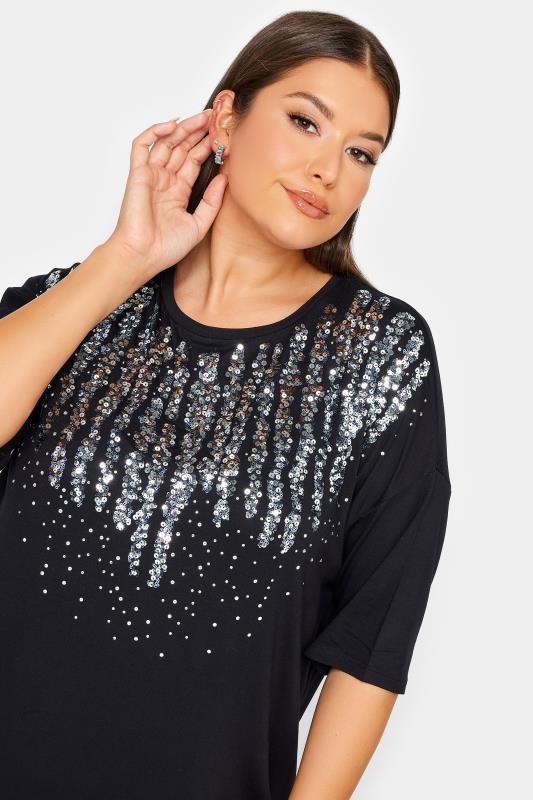 YOURS Plus Size Black Sequin Embellished Neckline T-Shirt | Yours Clothing 4