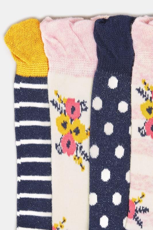 4 PACK Navy & White Floral Striped Socks | Sizes 4-7 | Yours Clothing