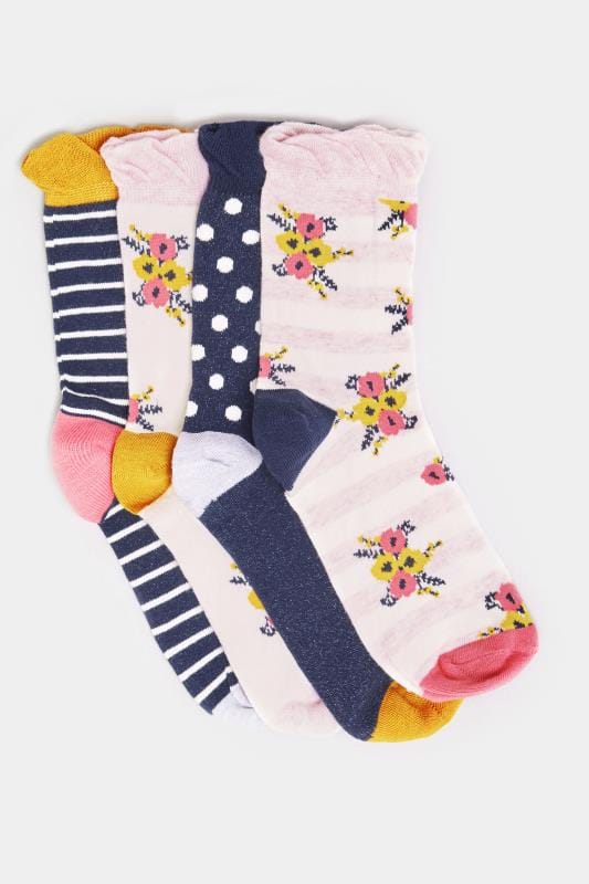 4 PACK Navy & White Floral Striped Socks | Sizes 4-7 | Yours Clothing