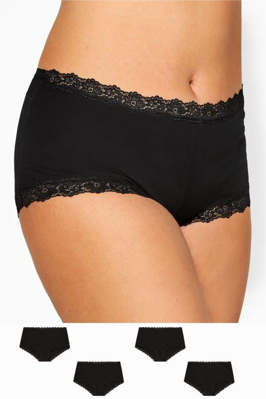  Briefs & Knickers 4 PACK Curve Black Lace Trim High Waisted Shorts