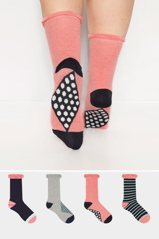 Yours Clothing Wide Fit Women's 4 Pack Navy Assorted Spot & Stripe Socks