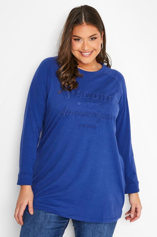 Plus Size Cobalt Blue 'J'adore' Embossed Raglan T-Shirt | Yours Clothing 1