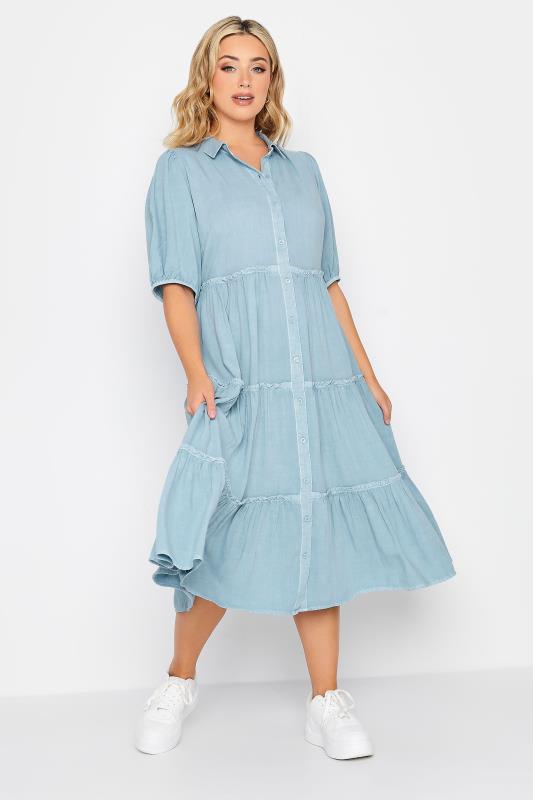 YOURS Curve Plus Size Blue Acid Wash Tiered Chambray Denim Shirt Dress | Yours Clothing  1