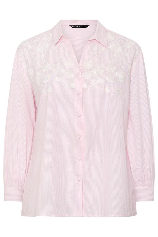 EVANS Curve Pink Stripe Embroidered Cotton Shirt | Evans 5