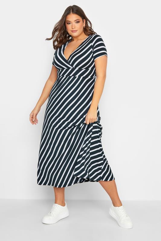 Plus Size  YOURS Curve Navy Blue Stripe Print Swing Dress