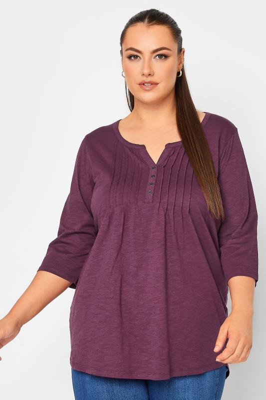 Plus Size YOURS Purple Pintuck Button Henley T-Shirt | Yours Clothing 1
