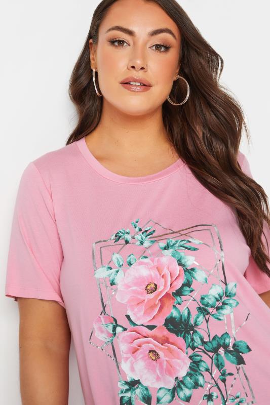 YOURS Curve Pink Floral Foil Print T-Shirt | Yours Clothing  4