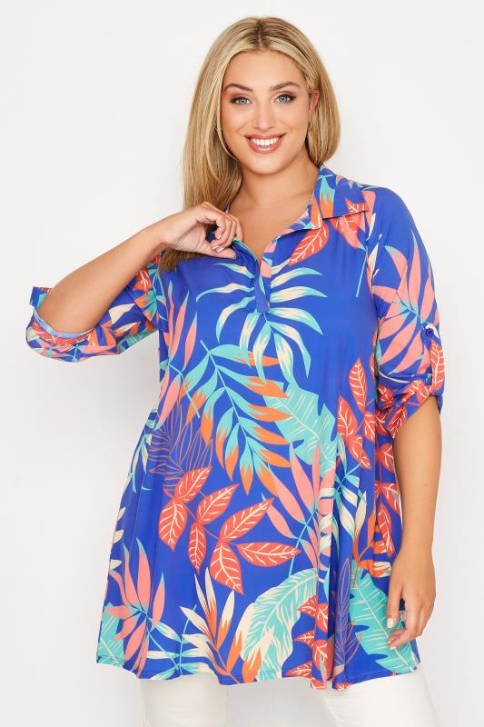 Plus Size Blue Leaf Print Collared Tunic Top | Yours Clothing 1