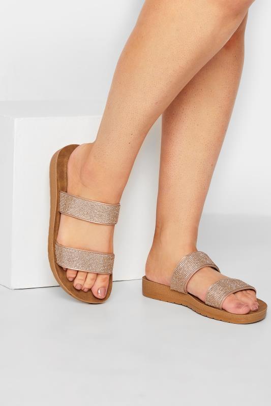 Rose Gold & Brown Glitter Strap Mule Sandals In Extra Wide EEE Fit | Yours Clothing  1